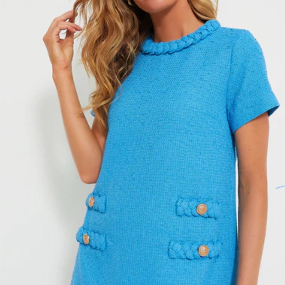 Blue Short Sleeve Dress with Button Accents